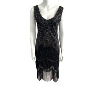 JICAGOM Dress Women Size M Black Fringe Sleeveless Midi